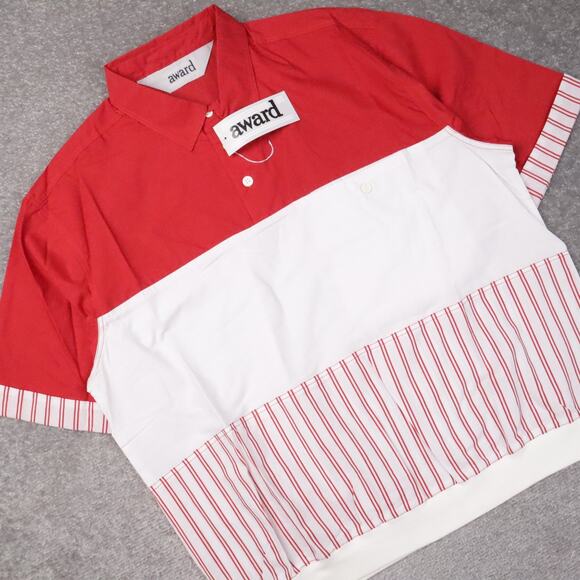 VTG 80s 90s Award Deadstock Large Red White Striped Short Sleeve Collared Shirt - Picture 10 of 11